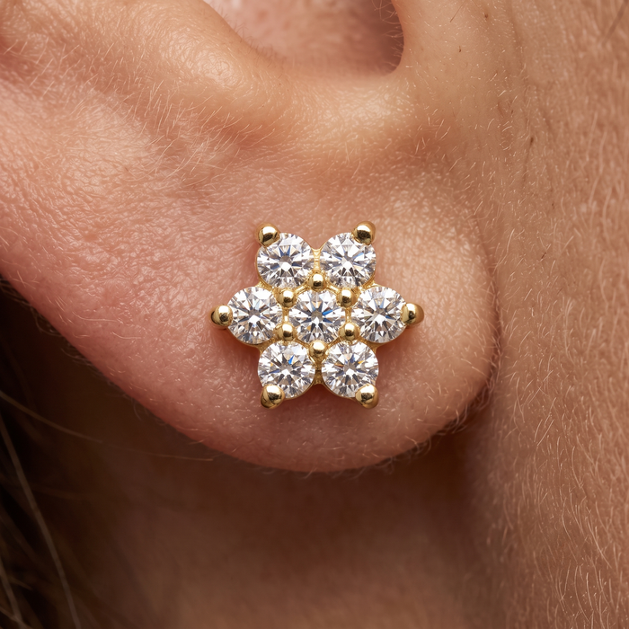 Floral Round Diamond Stud Earrings in 14K Yellow Gold