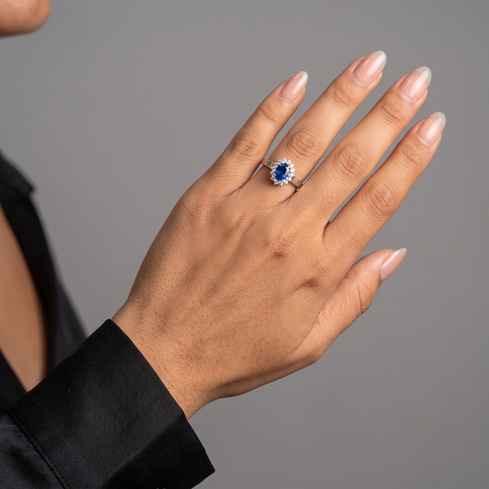 Oval Blue Sapphire 14K Diamond Cluster Ring