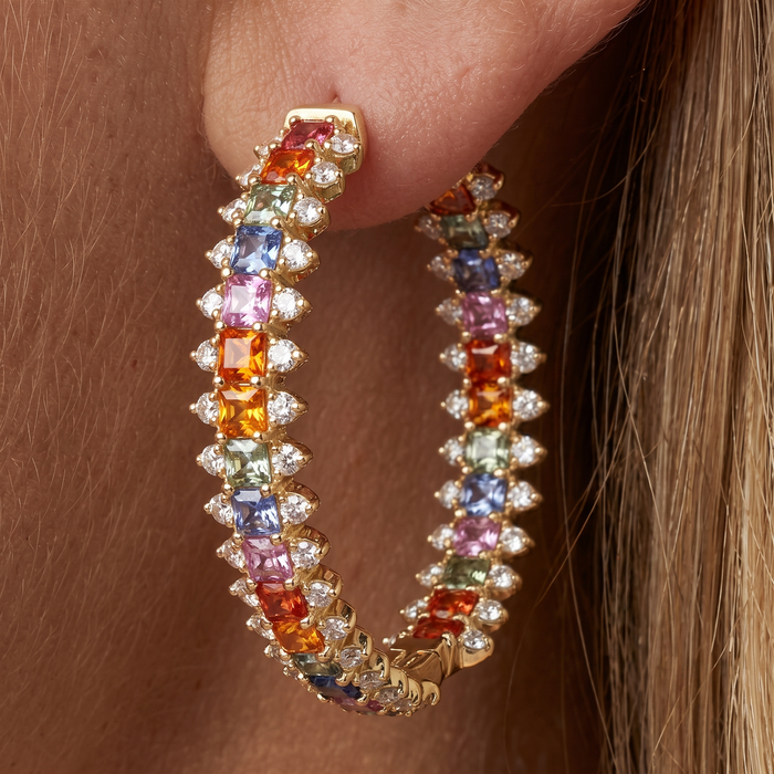 Rainbow Sapphire Pave Hoop Earrings in 14K Yellow Gold