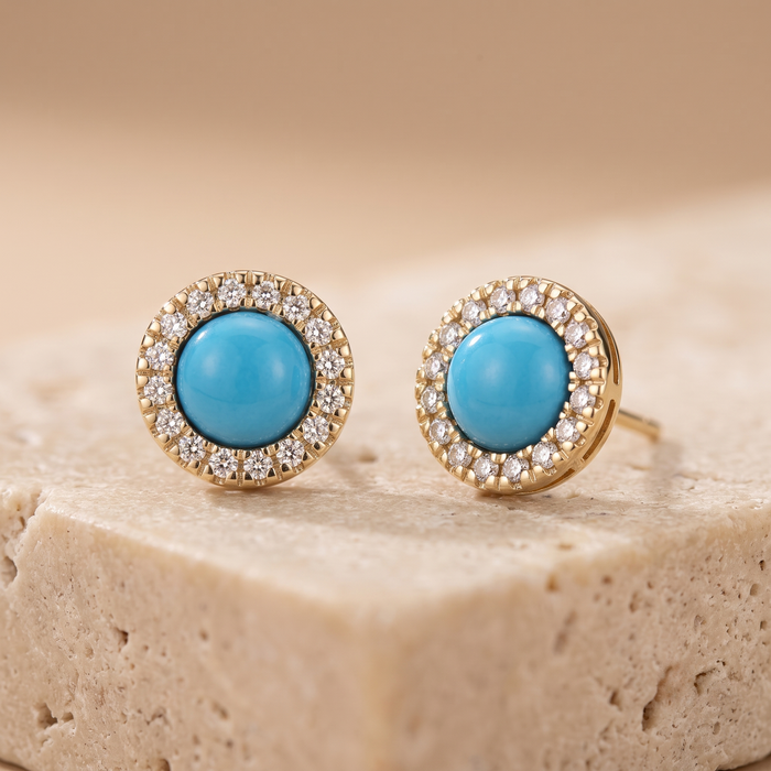 Feminine Turquoise Diamond Stud Earrings in 14K Yellow Gold