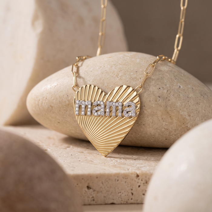 Abrasion Heart Shape 20Mm Mama Necklace in 14K Gold
