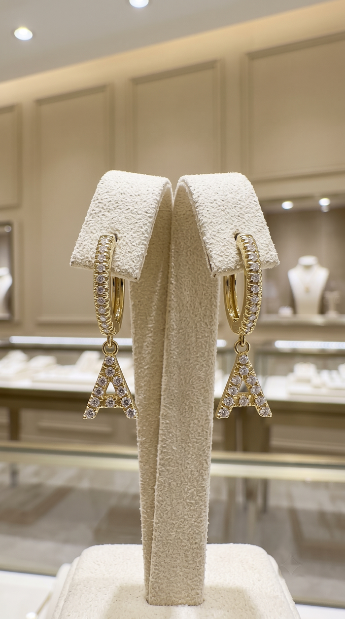 Pave Diamond Initial a Drop Earrings in 14K Yellow Gold