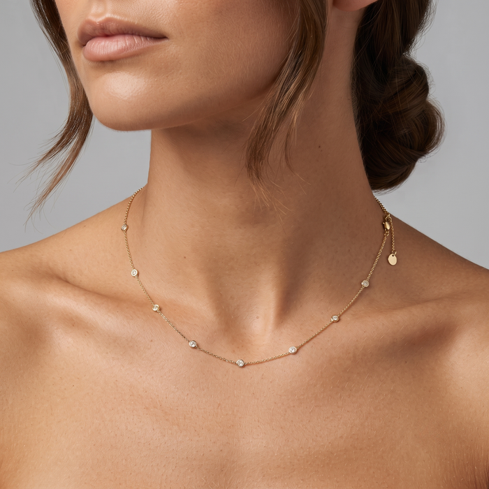 Station Bezel Set Round Diamonds Necklace in 14K Yellow Gold