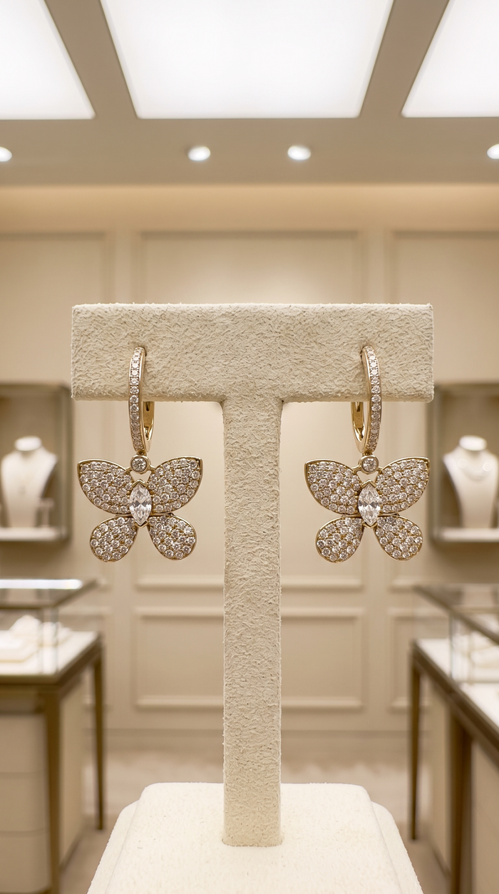 Marquise Center Pave Butterfly Drop Earrings in 14K Yellow Gold