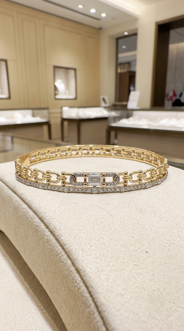 Baguette Chain Link Diamond Bangle Bracelet in 14K Gold