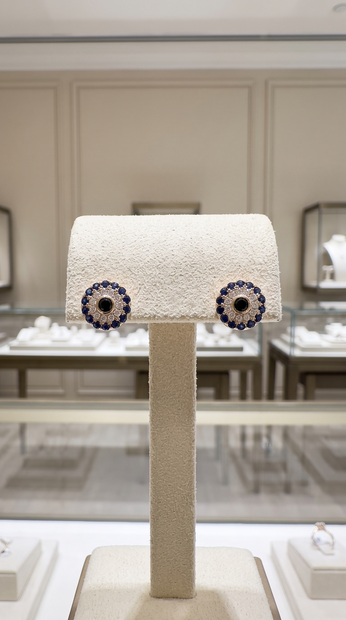 Blue Sapphire Diamond Stud Earrings in 14K Yellow Gold