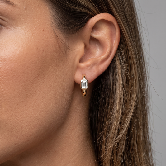 Bezel Emerald Diamond Mini Hoop Earrings in 14K Yellow Gold
