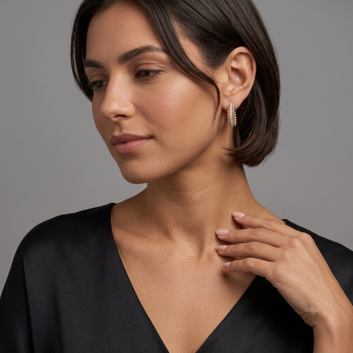 Leaf Link Diamond Hoop Earrings in 14K Yellow Gold