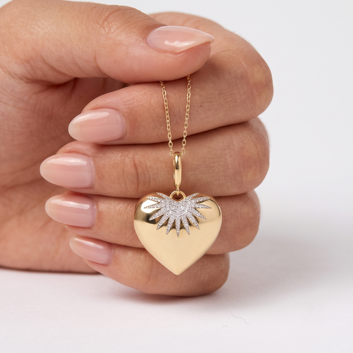 Diamond Fluted Heart Pendant Necklace in 14K Yellow Gold