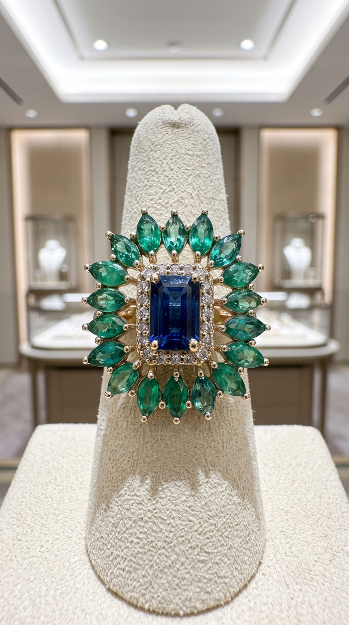 Blue Sapphire Emerald 14K Halo Cocktail Ring