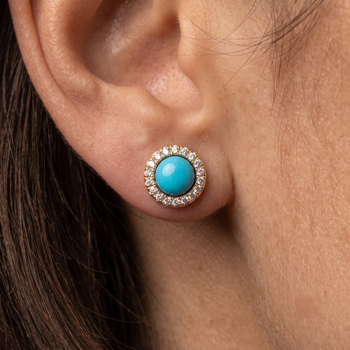 Feminine Turquoise Diamond Stud Earrings in 14K Yellow Gold