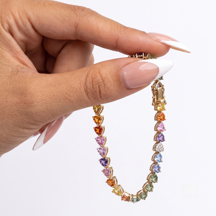 Celestial Heart Rainbow Sapphire & Diamond 14K Gold Tennis Bracelet