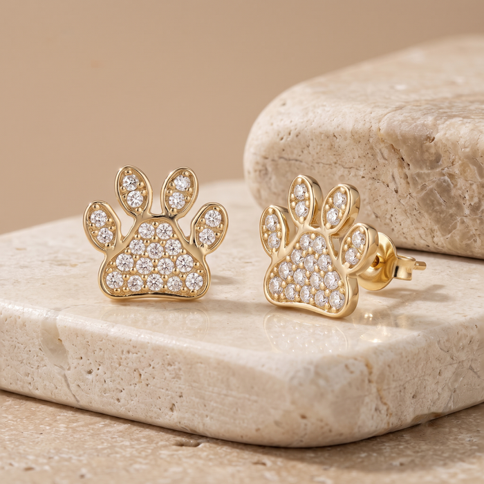 Pave Diamond Paw Stud Earrings in 14K Yellow Gold