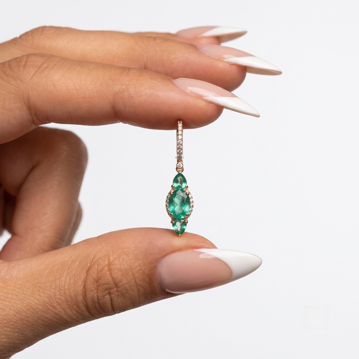 Triple Emerald Drop Huggie Earrings in 14K Yellow Gold