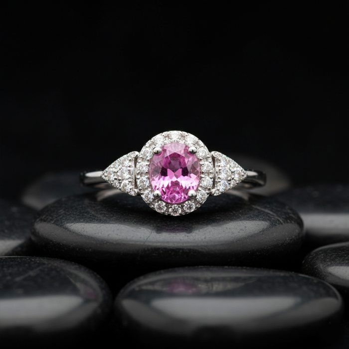 Elegant Oval Pink 14K Sapphire Diamond Halo Ring