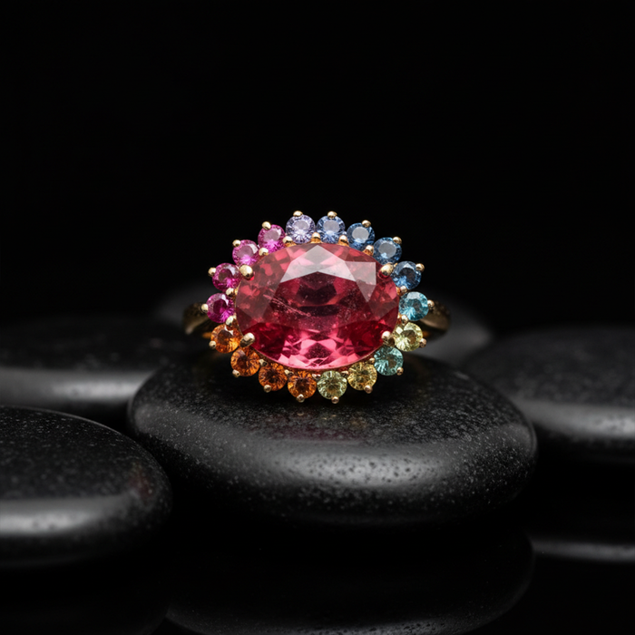 Multi-Color Pink Sapphire Halo 14K Gold Ring