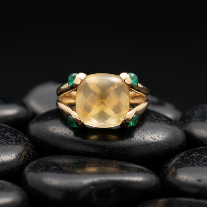 Shiny Citrine Emerald Cushion Ring in 14K Gold
