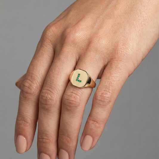 Personalized "l" Emerald 14K Gold Signet Ring
