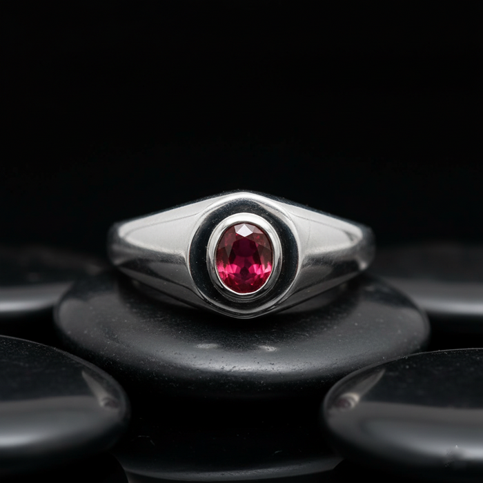 Oval Ruby Bezel Signet Ring in 14K White Gold