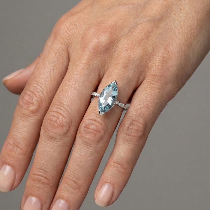 Marquise Aquamarine 14K (18K Custom) Diamond Accent Ring