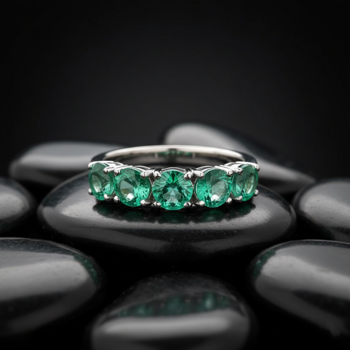 Round Emerald 14K Gold Half Eternity Band Ring