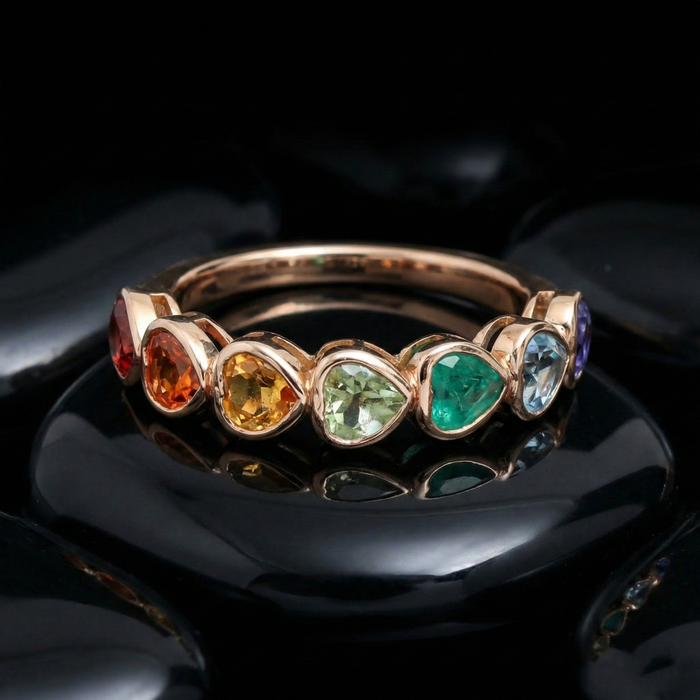 Multi-Color Heart Shape Gemstone 14K Gold Band Ring