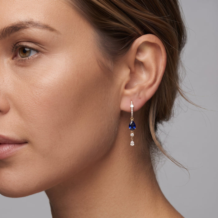 Celeste Pear 14K (or 18k upon request) Yellow Gold Blue Sapphire Diamond Drop Earrings