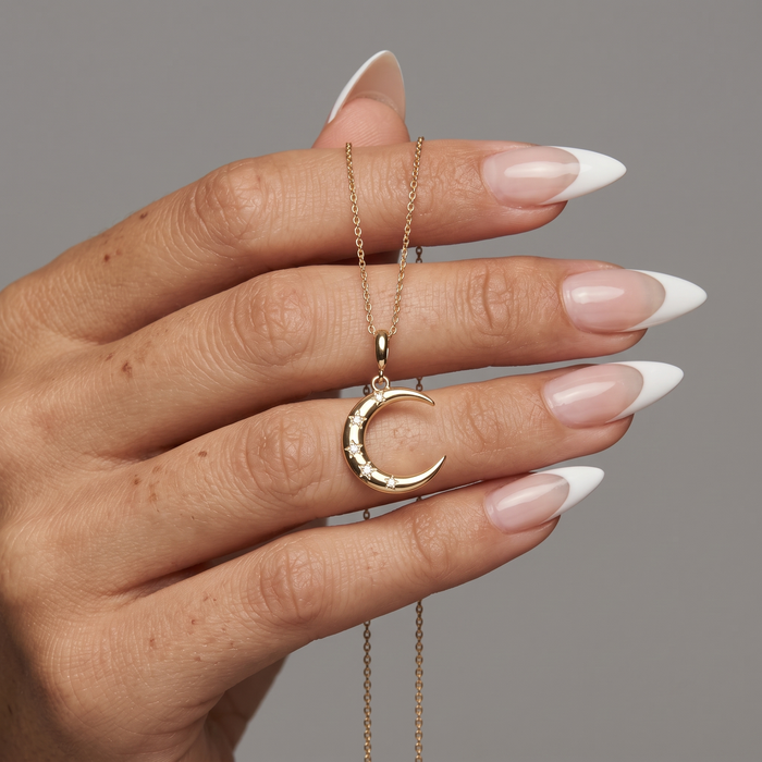 Diamond Star Crescent Moon Pendant Necklace in 14K Yellow Gold