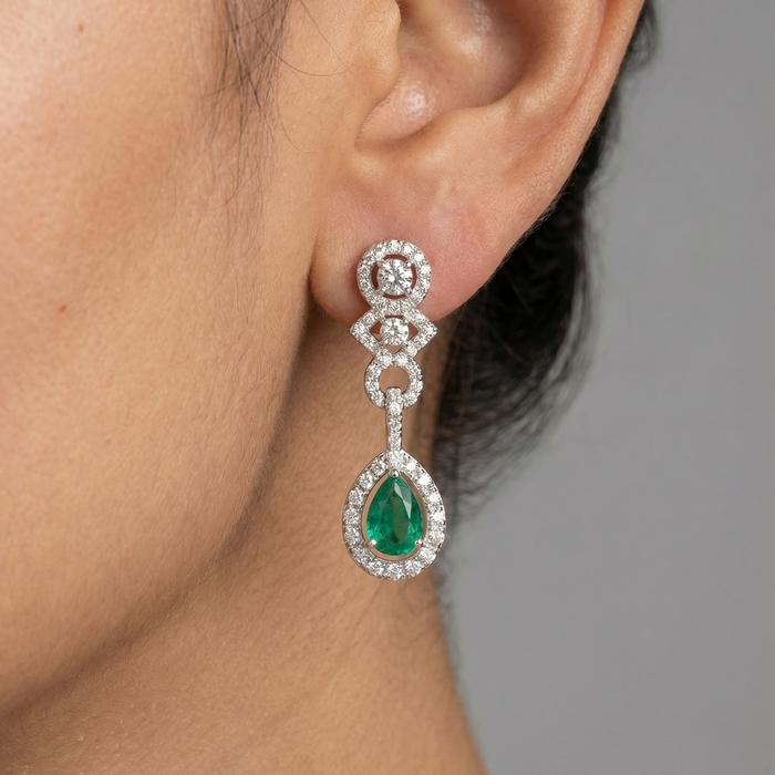 Emerald Allure Diamond Drop Earrings in 18K White Gold