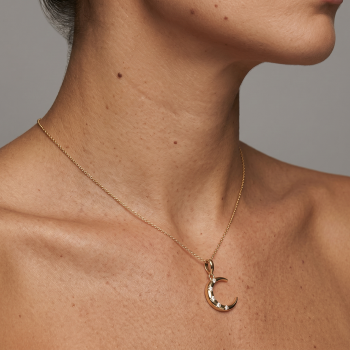 Diamond Star Crescent Moon Pendant Necklace in 14K Yellow Gold