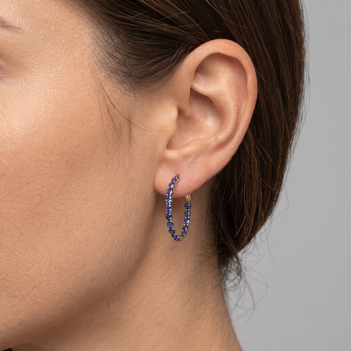 Midnight Oval Sapphire Hoop Earrings in 14K Yellow Gold
