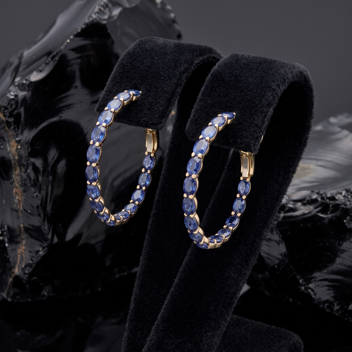 Midnight Oval Sapphire Hoop Earrings in 14K Yellow Gold