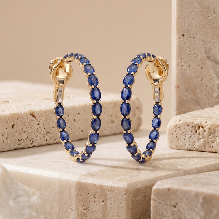 Midnight Oval Sapphire Hoop Earrings in 14K Yellow Gold