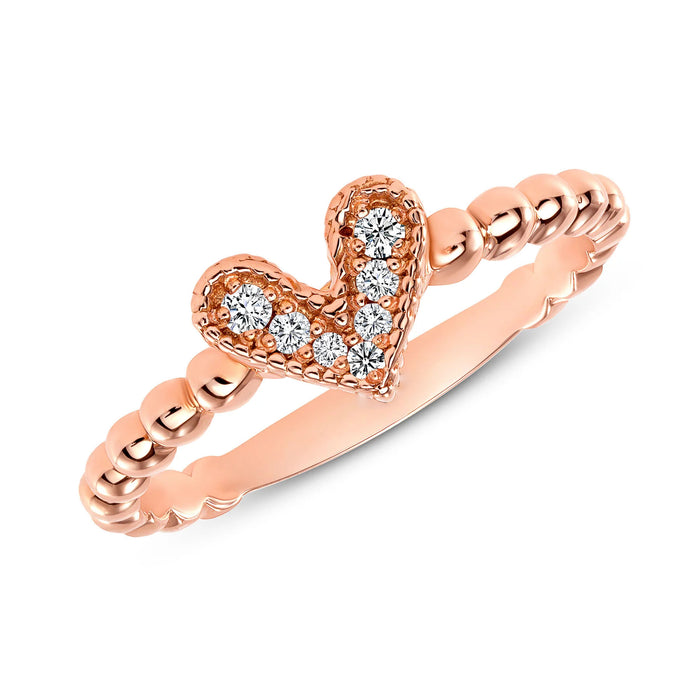 Round Diamond Heart Beaded Ring in 14K Gold