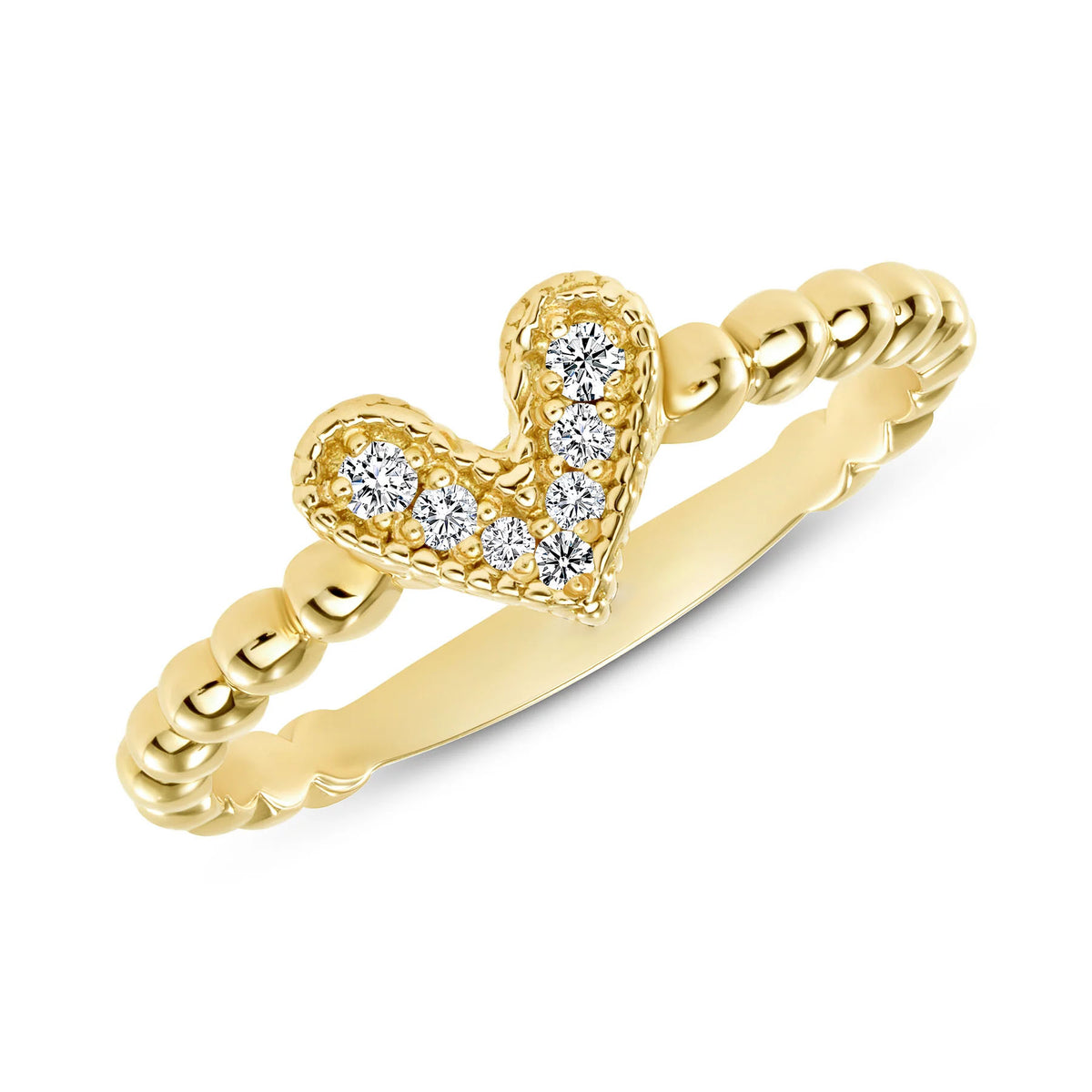 Round Diamond Heart Beaded Ring in 14K Gold
