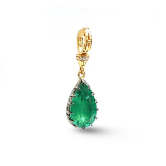 Emerald Teardrop Diamond Charm 18K Yellow Gold Pendant Necklace