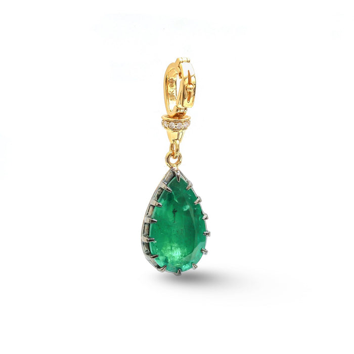 Emerald Teardrop Diamond Charm 18K Yellow Gold Pendant Necklace