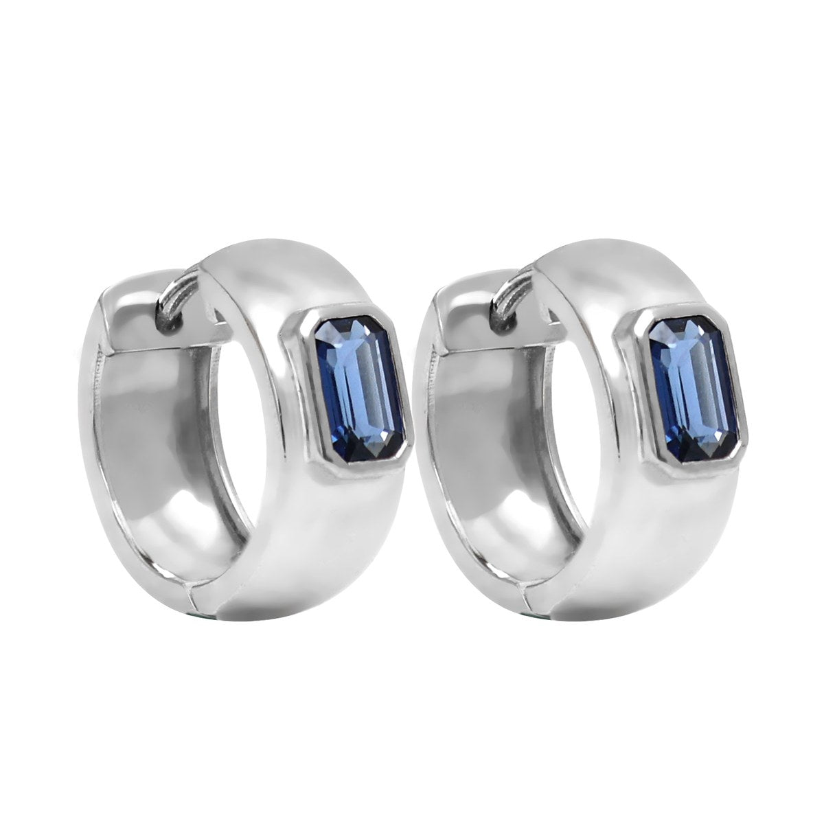 Blue Sapphire 14K (18K Custom) White Gold Huggie Hoop Earrings