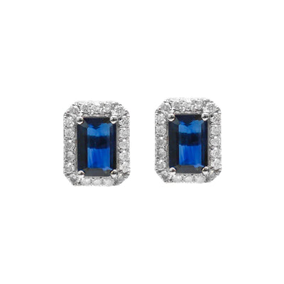 Blue Sapphire Halo 18K Natural Diamond White Stud Earrings