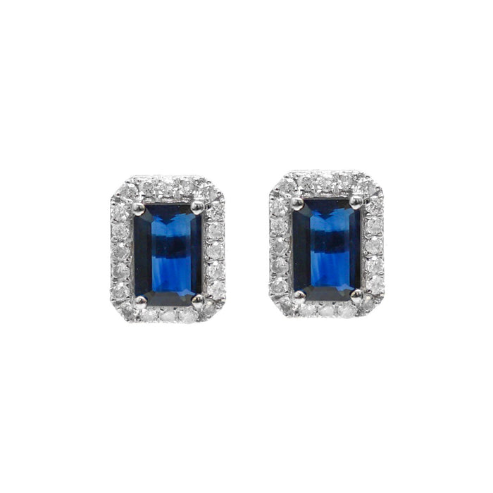 Blue Sapphire Halo 18K Natural Diamond White Stud Earrings