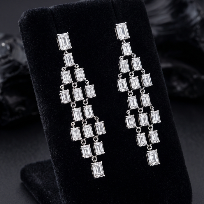Geometric Cascade Long Dangling Earrings in 18K White Gold