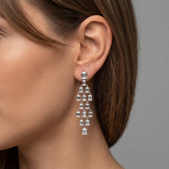 Geometric Cascade Long Dangling Earrings in 18K White Gold
