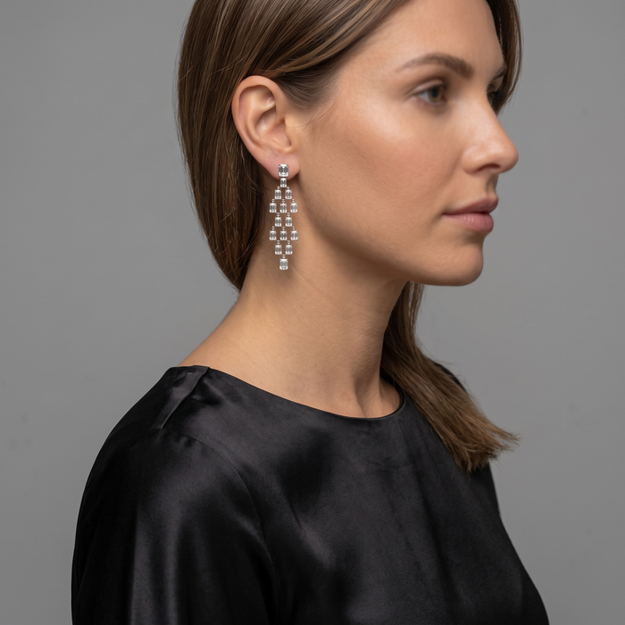 Geometric Cascade Long Dangling Earrings in 18K White Gold
