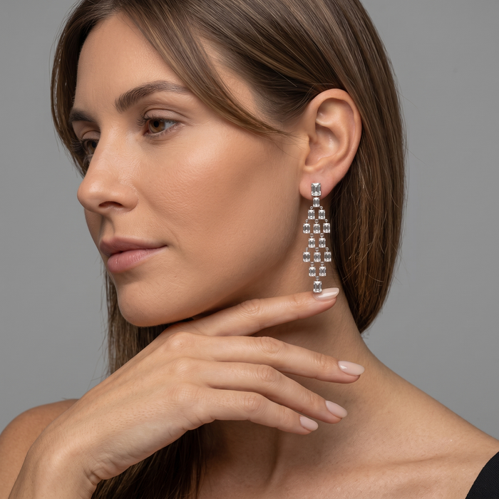 Geometric Cascade Long Dangling Earrings in 18K White Gold