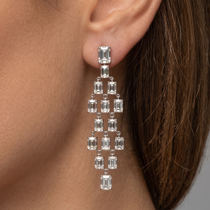 Geometric Cascade Long Dangling Earrings in 18K White Gold