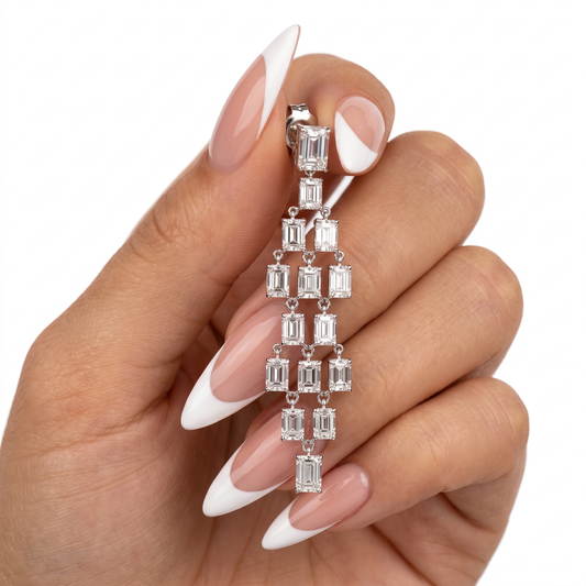 Geometric Cascade Long Dangling Earrings in 18K White Gold