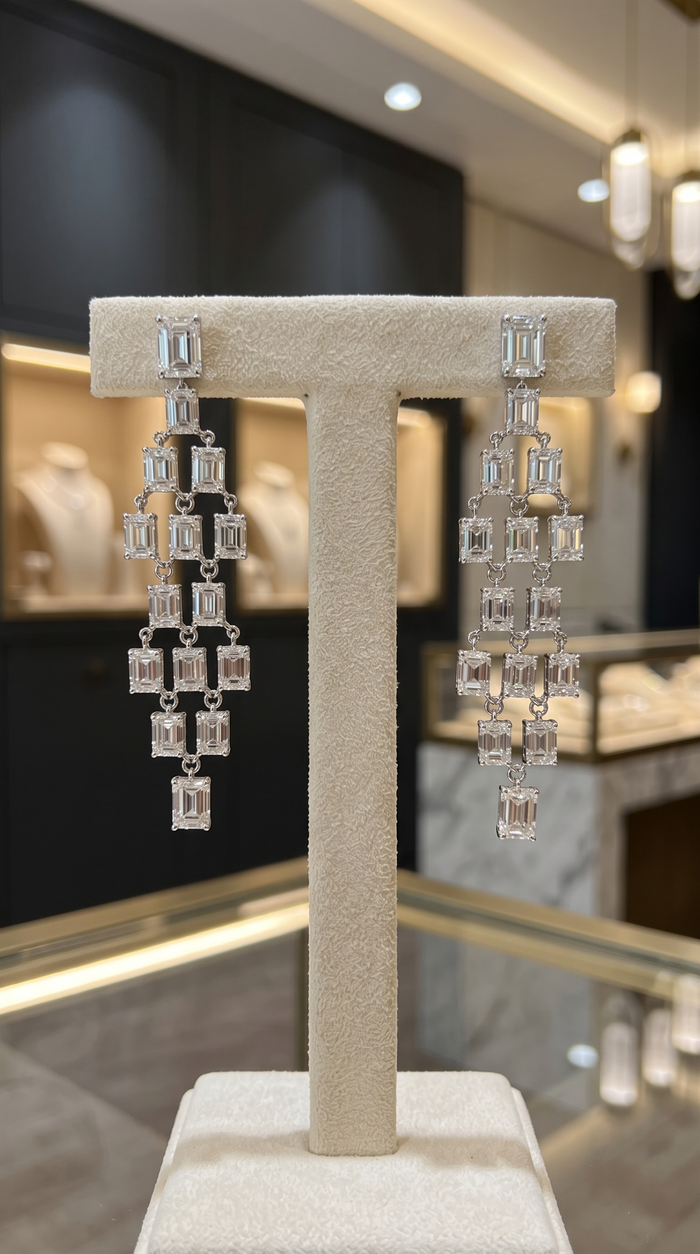 Geometric Cascade Long Dangling Earrings in 18K White Gold