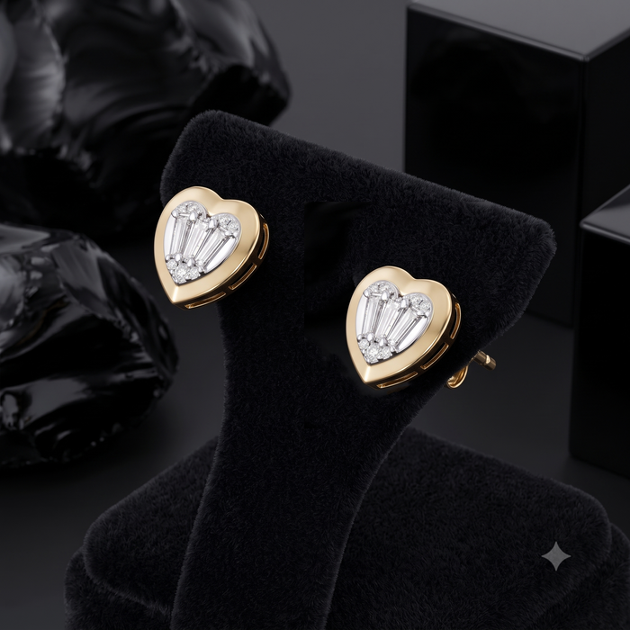 Baguette Diamond Heart Stud Earrings in 14K Yellow Gold