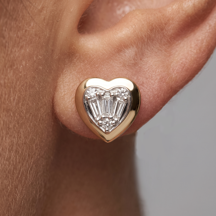 Baguette Diamond Heart Stud Earrings in 14K Yellow Gold