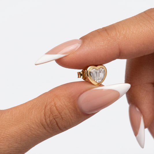 Baguette Diamond Heart Stud Earrings in 14K Yellow Gold